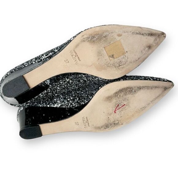 Viajiyu Trento Pointed Toe Pewter Silver Glitter Patent Black Wedge Size 37/6.5 - Picture 6 of 7